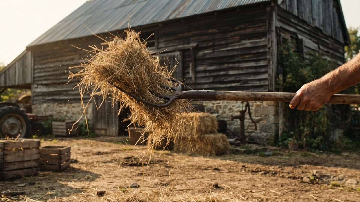 Old hay fork being used to move hay on a farm.