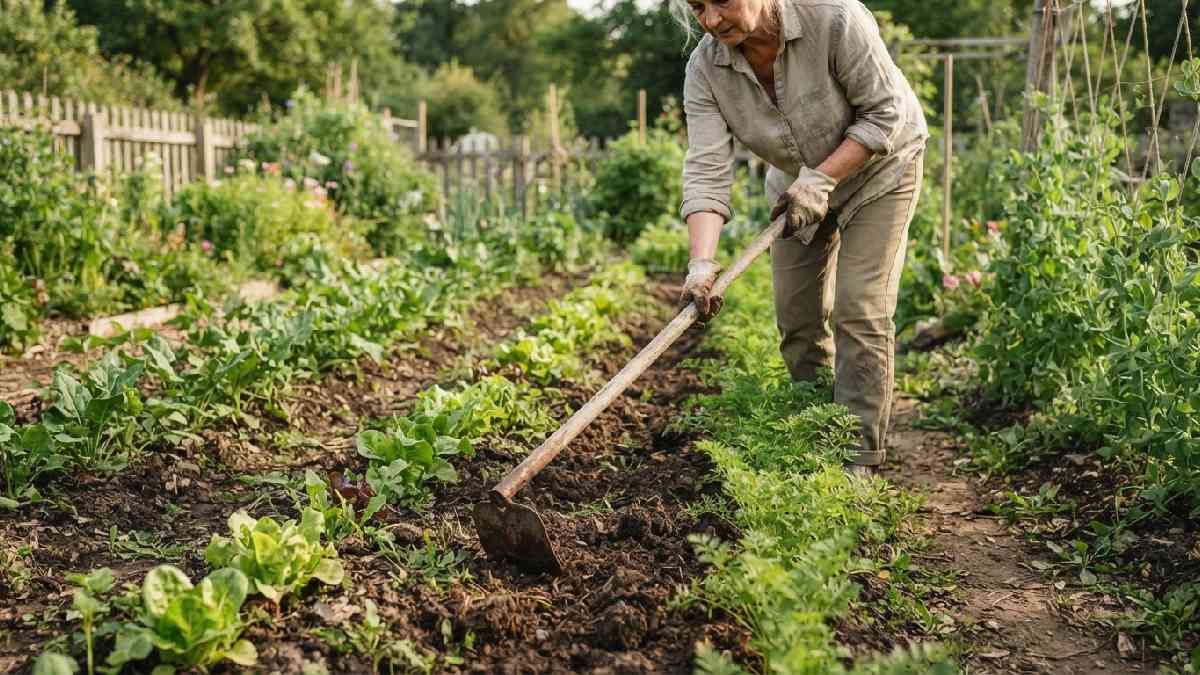 Traditional hoe being used between rows of vegetables.
