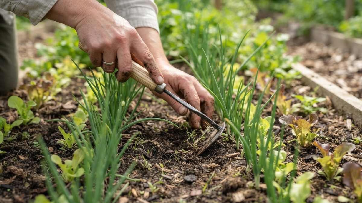 Old onion hoe used for careful weeding between plants.