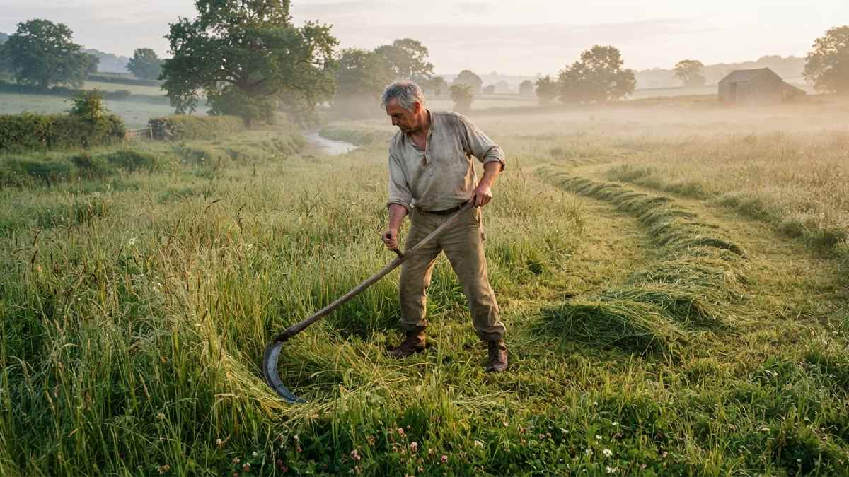 Traditional scythe cutting grass in a countryside meadow.