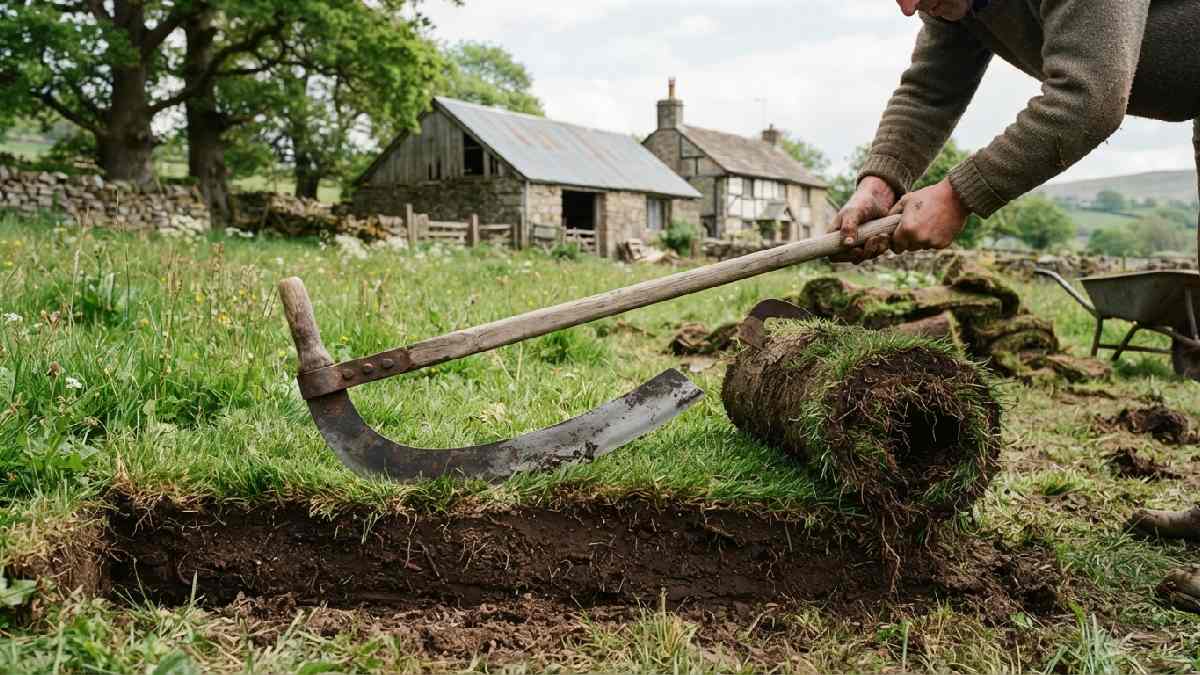 Traditional turf cutter lifting grass from the soil.