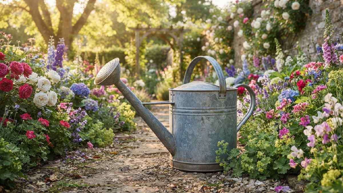 Old metal watering pot beside a cottage garden.
