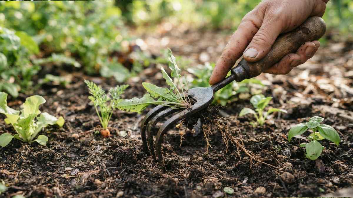 Old weeding fork removing a weed with its roots.