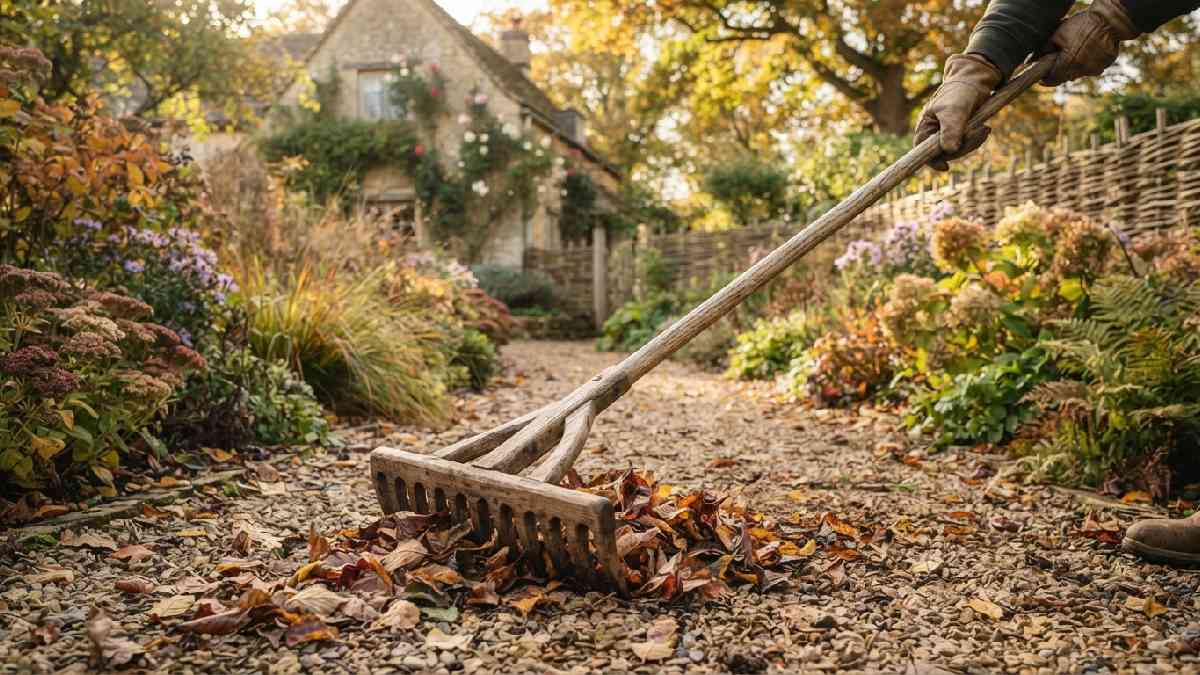 Handmade wooden rake gathering leaves in an old garden.