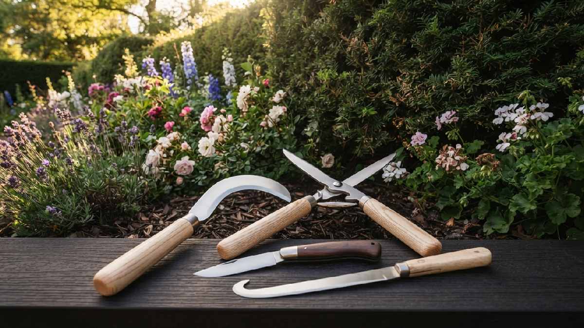 Antique cutting and pruning tools beside a garden hedge.