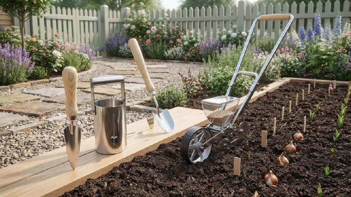 Antique tools used for planting bulbs and sowing seeds.