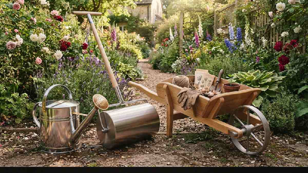 Antique watering can, garden roller, and wooden wheelbarrow.
