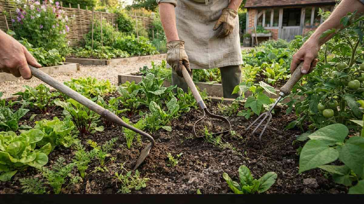 Antique hoes and cultivator used for garden maintenance.