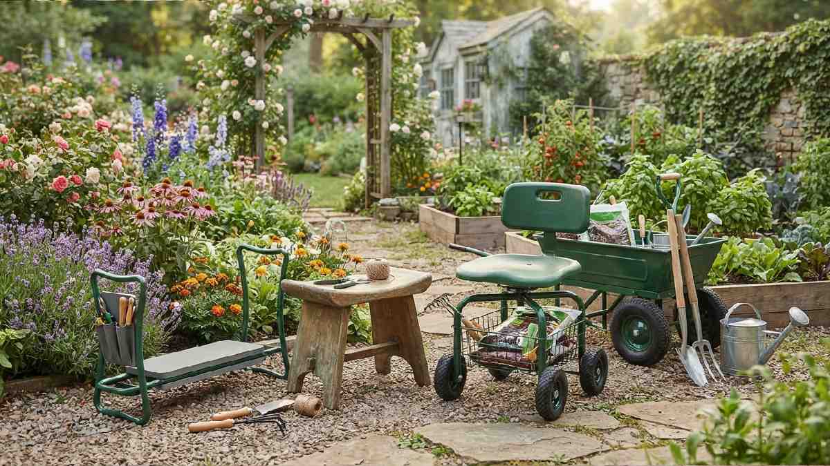 Different types of gardening chairs and seats.