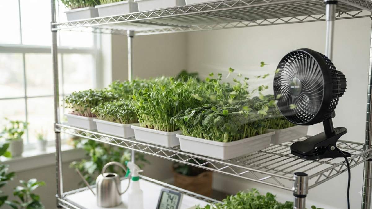 Fan running gently beside uncovered microgreen trays.