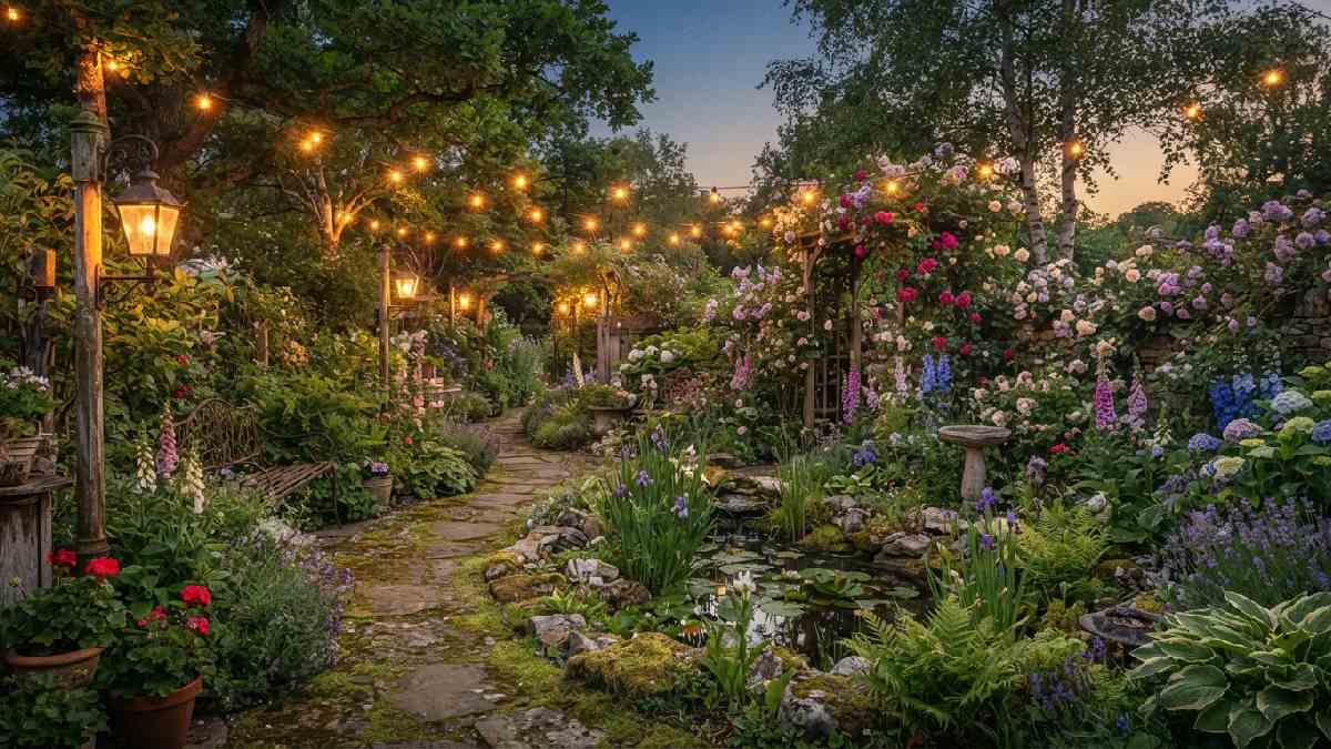 Vintage garden with soft lighting and a stone birdbath.