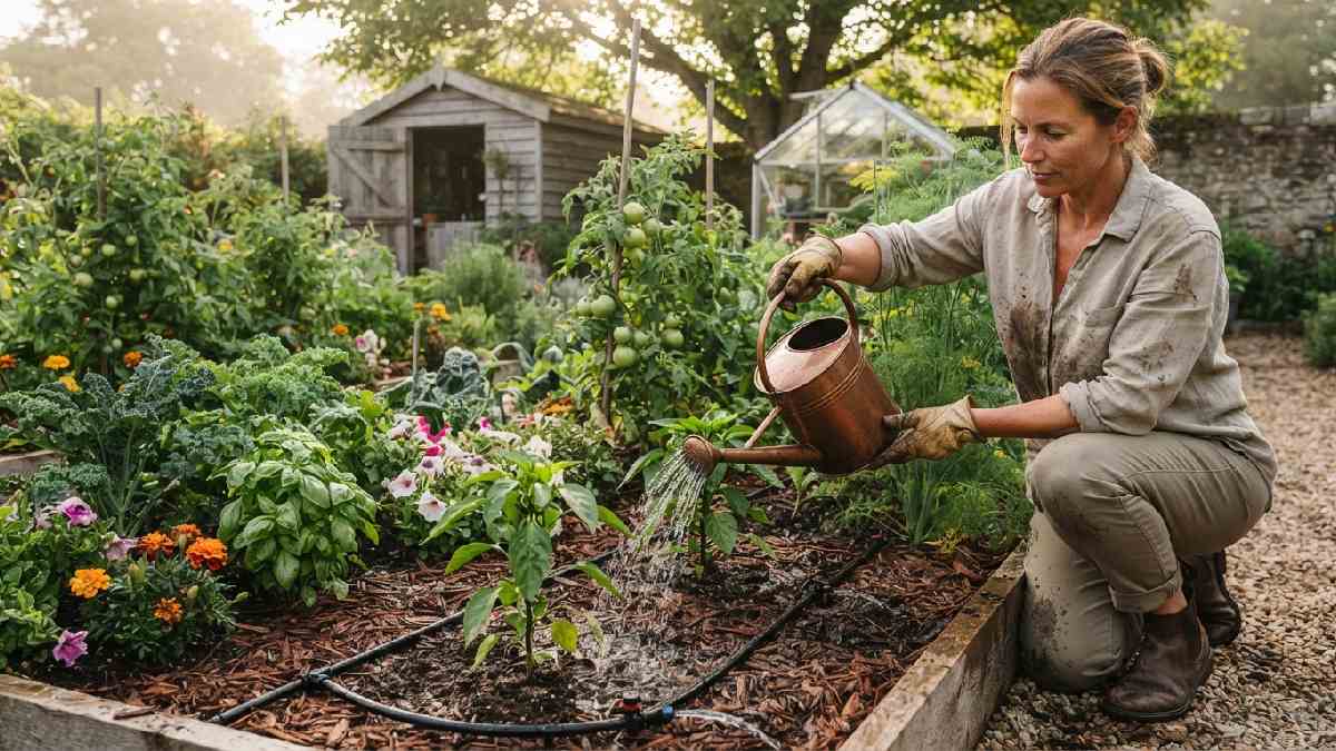 Garden plants receiving careful watering and moisture.