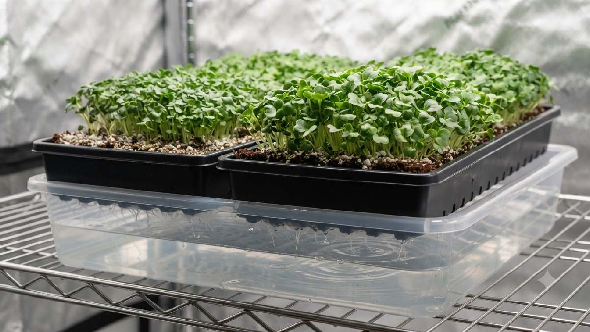 Bottom watering microgreens inside a grow tent.