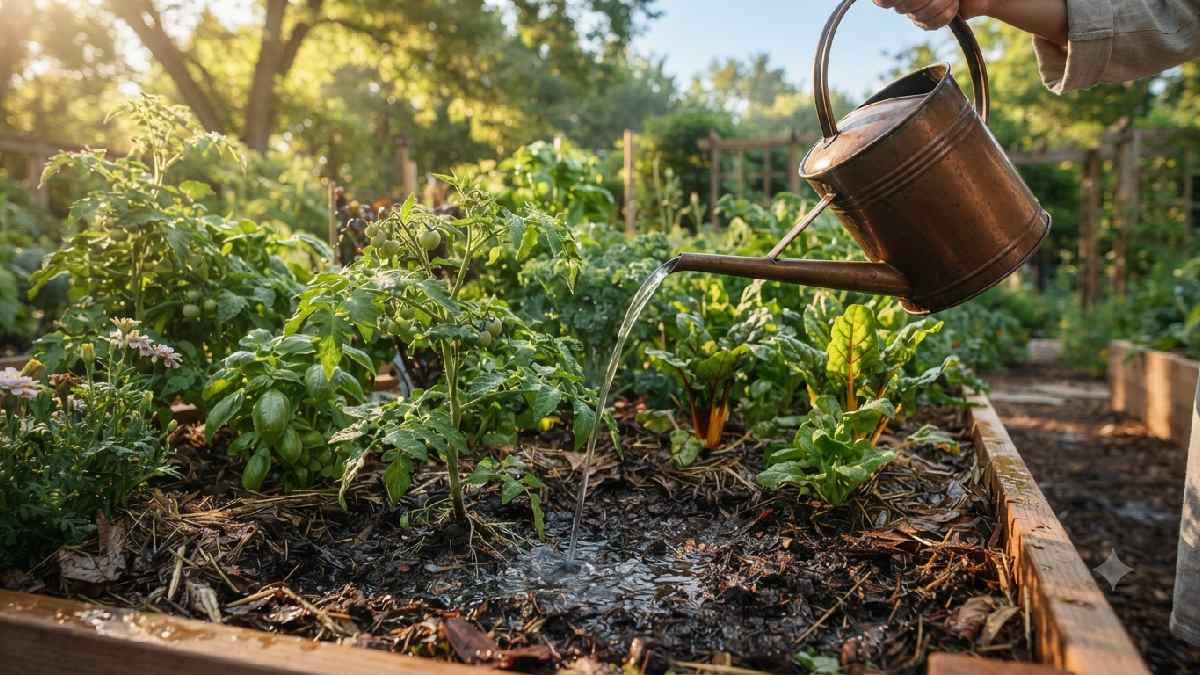 Watering garden plants correctly at soil level.