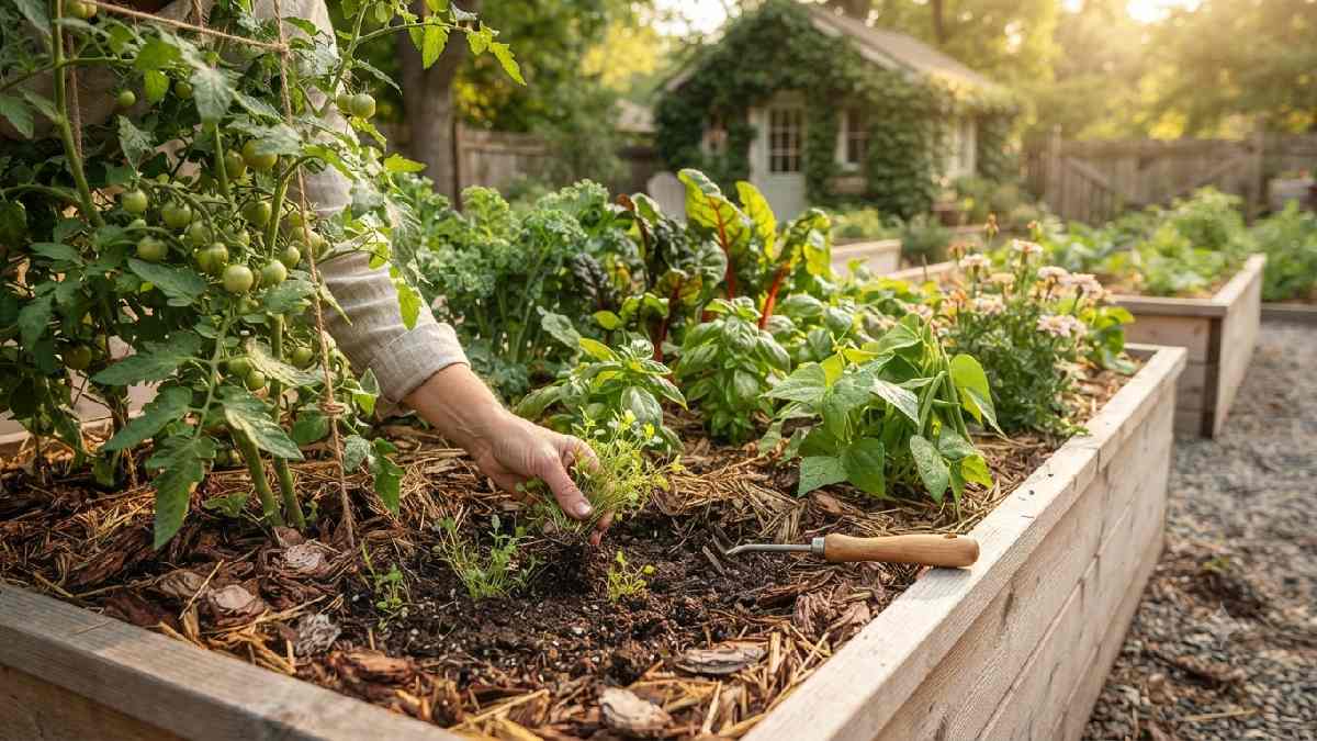 Mulched garden beds with weeds under control.