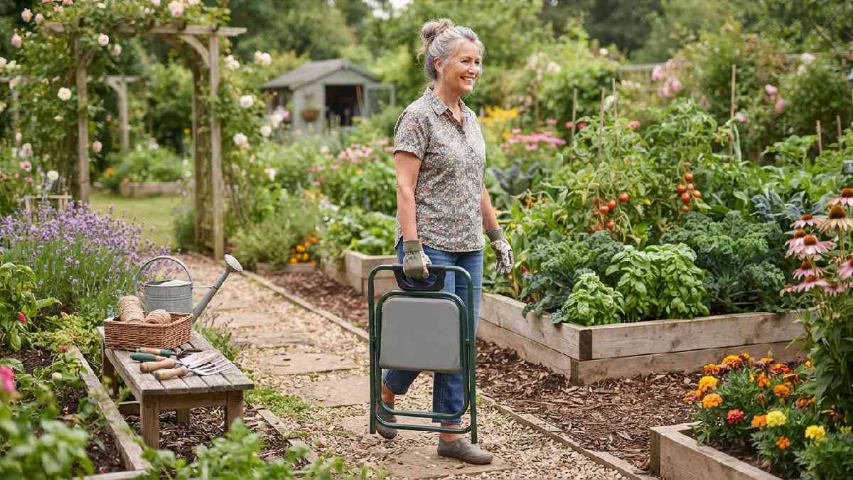 Lightweight foldable gardening chair with carry handle.