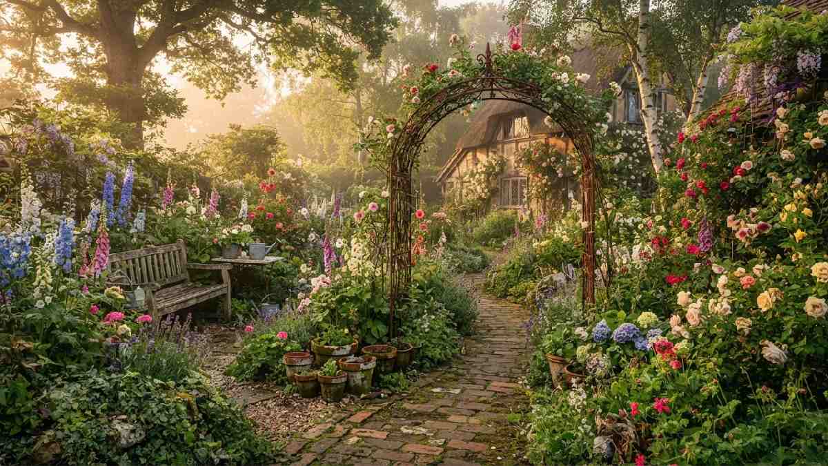Vintage garden with curved paths and weathered details.