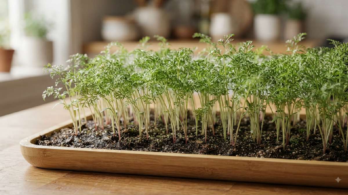 Young carrot microgreens growing above soil.