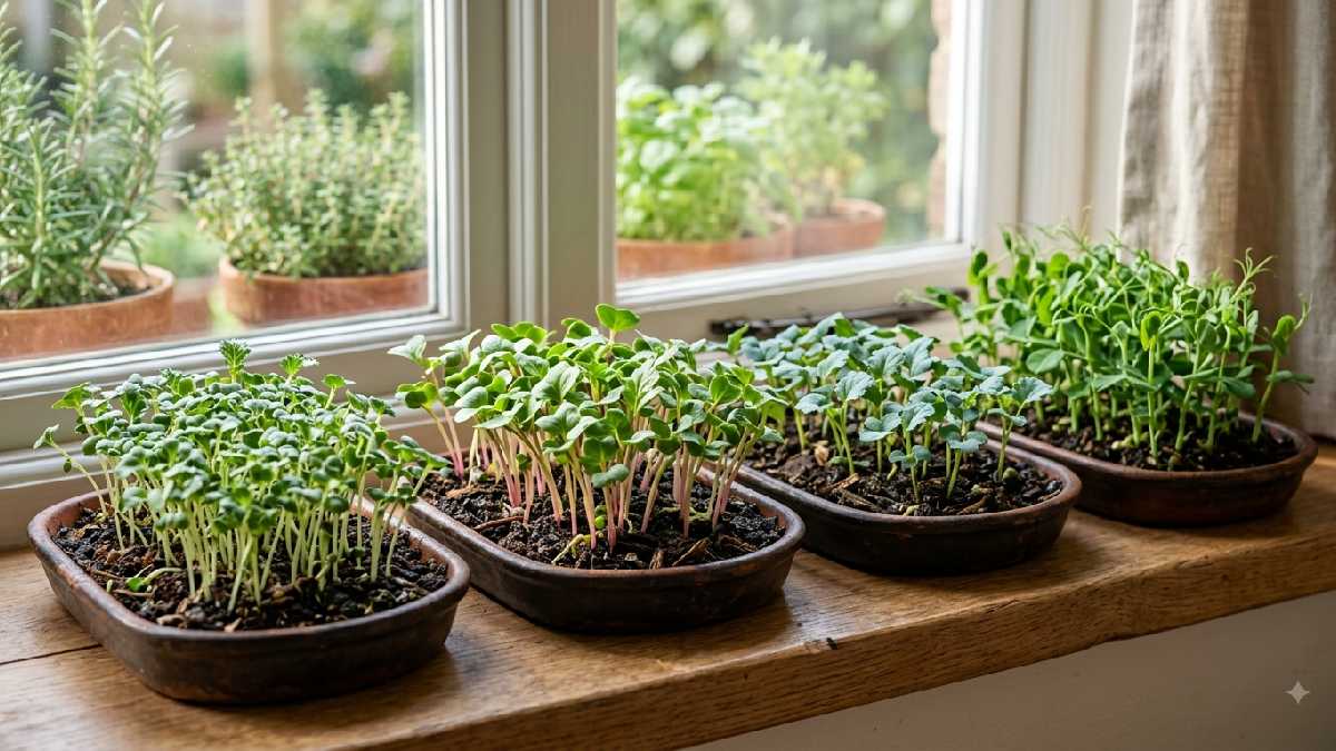 Young microgreens growing in shallow trays at different stages.