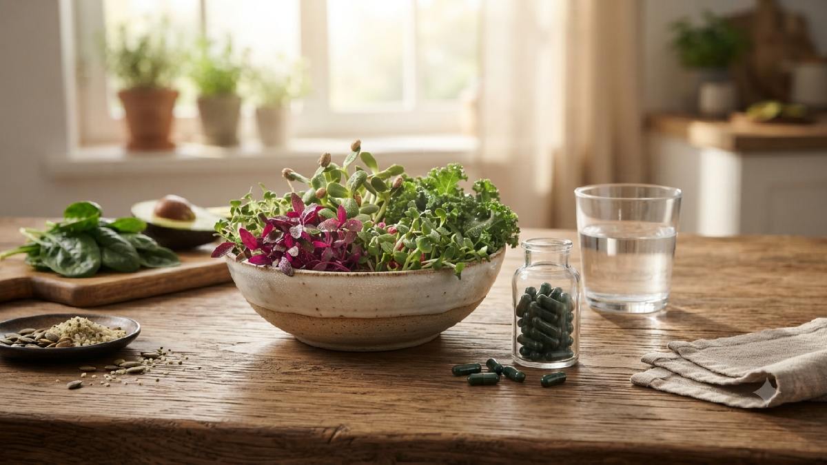 Microgreen capsules and fresh greens for daily wellness.