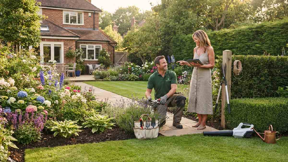 Homeowner discussing gardening service costs with a professional.