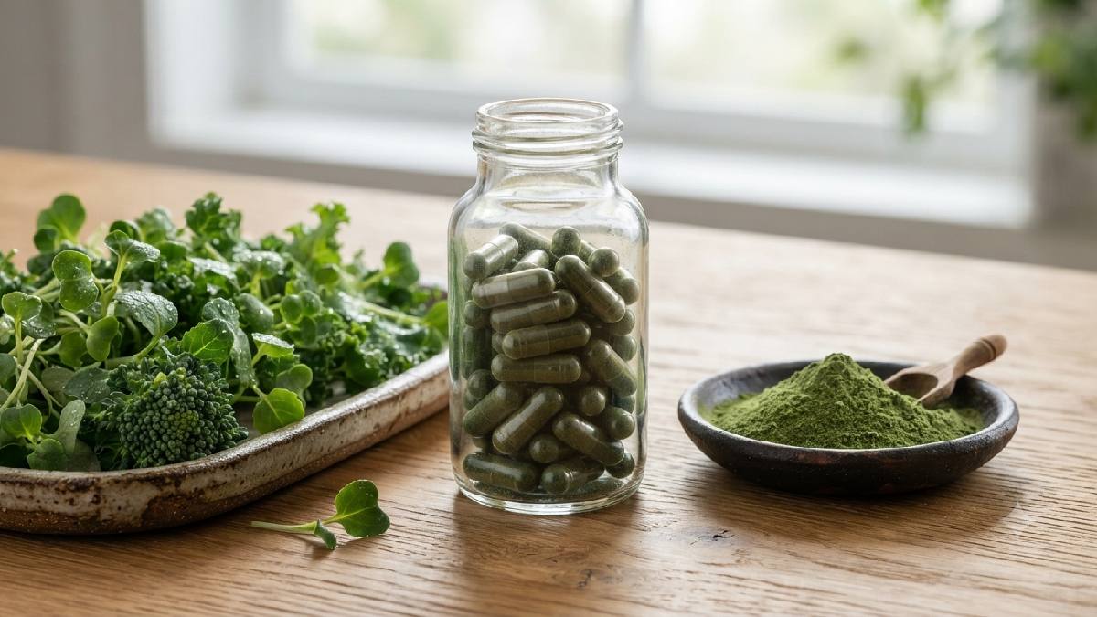 Microgreen capsules made from powdered microgreens.