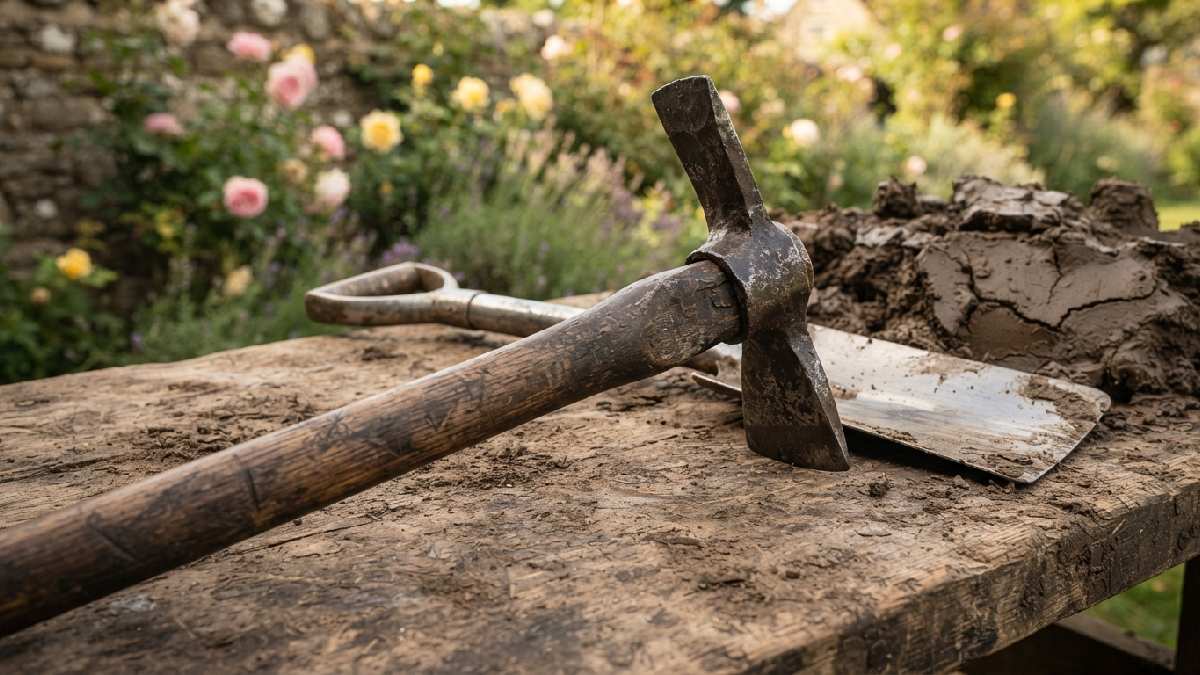 Antique clay mule with heavy steel head and wooden handle.