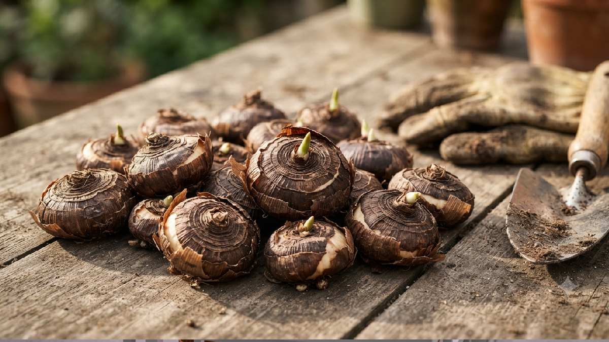 Healthy saffron corms prepared for indoor planting.