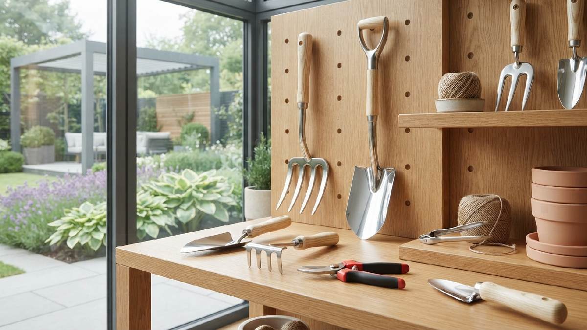 Collector displaying a valuable collection of antique garden tools.