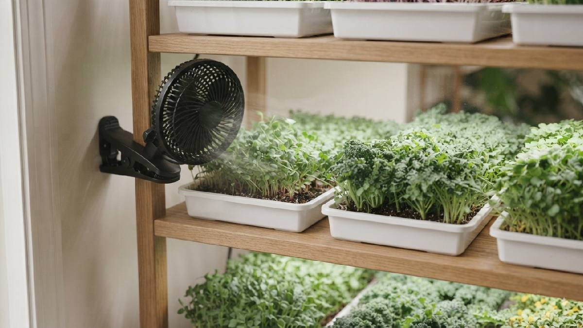 Microgreen fan gently circulating air around growing trays.