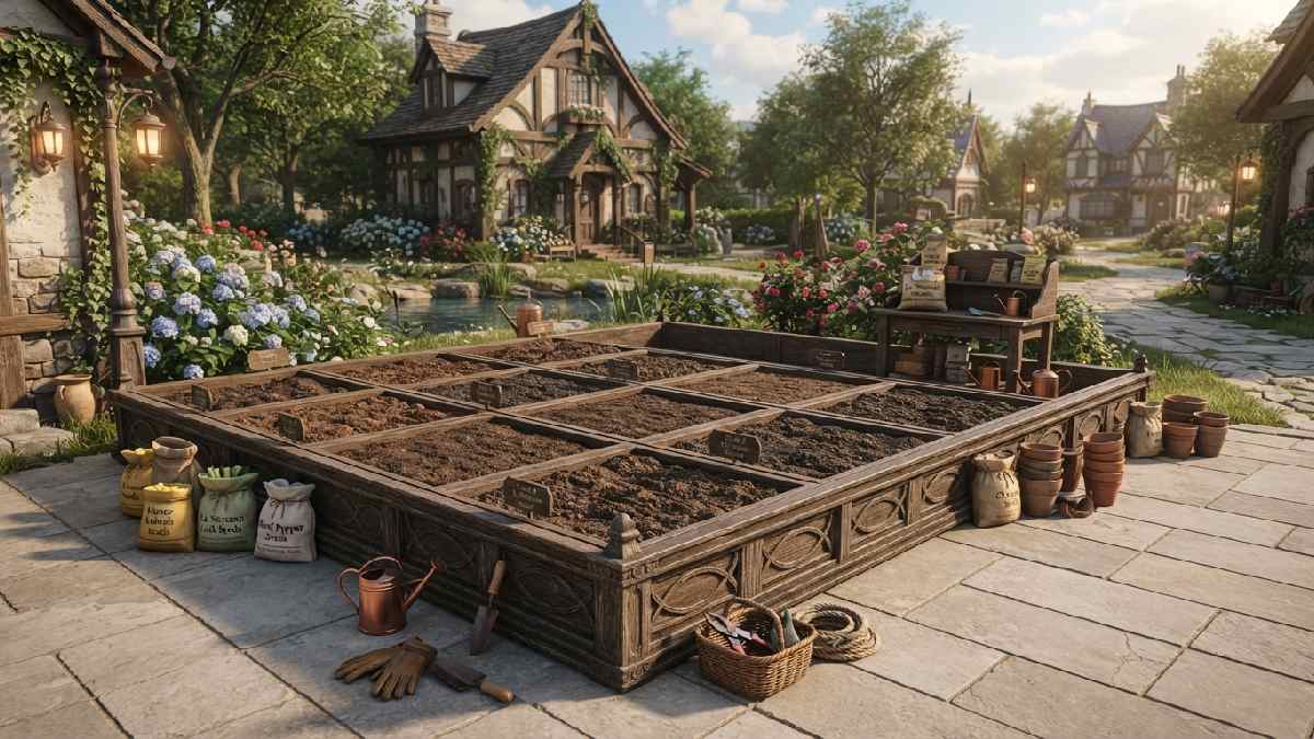 FFXIV Deluxe Garden Patch with seeds, soil, and gardening tools.