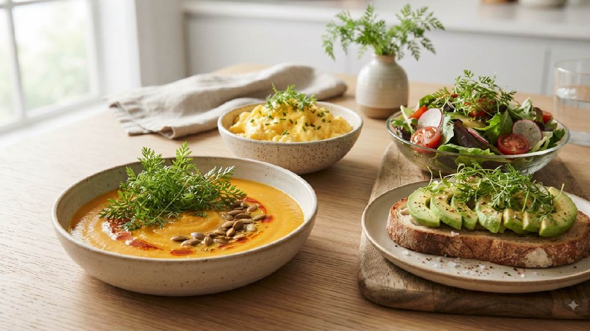 Fresh carrot microgreens served with healthy foods.