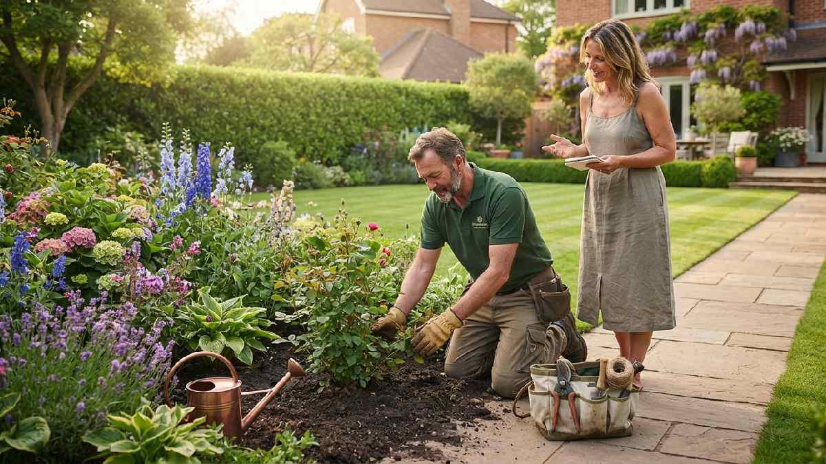 Gardener assessing plants and soil during a first garden visit.