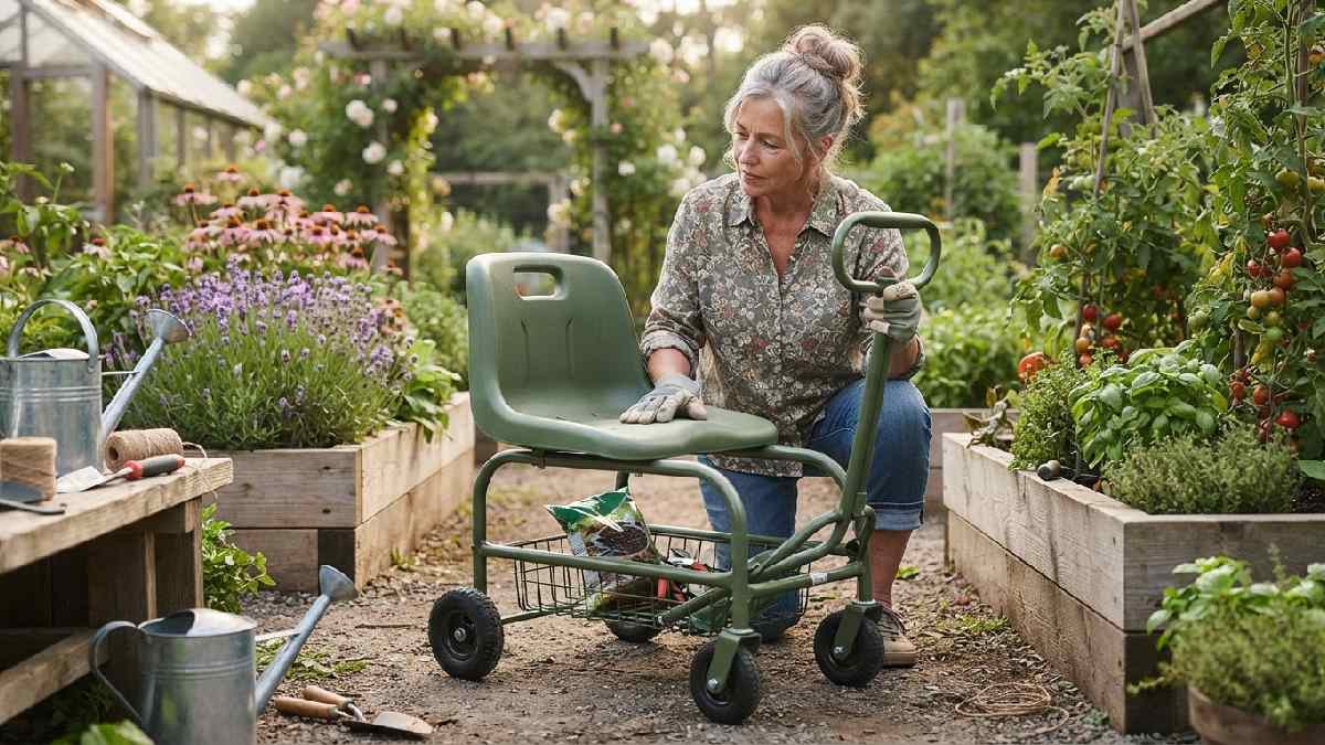 Gardener checking features before choosing a chair.