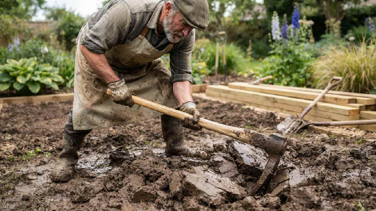 Gardener using a clay mule to break heavy clay soil.