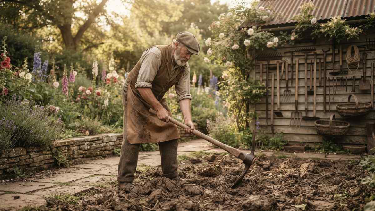 Traditional English gardener using a clay mule in heavy soil.