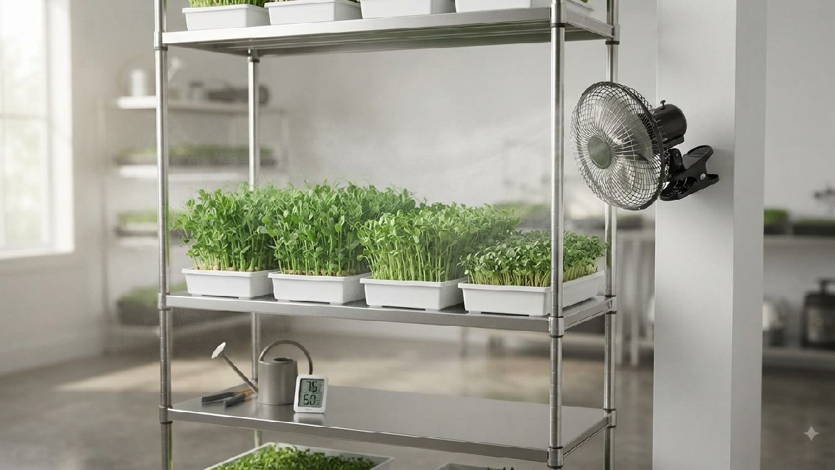 Fan positioned correctly beside microgreen trays.