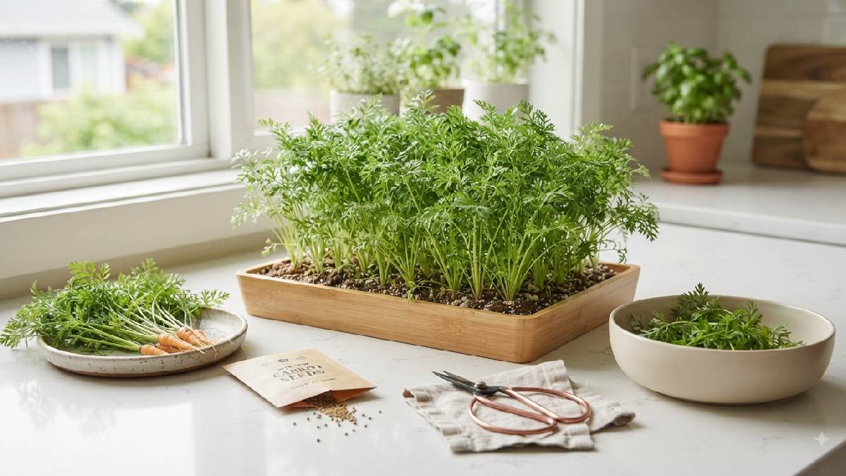 Fresh carrot microgreens grown at home.