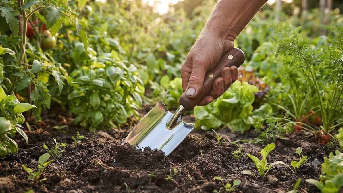 Gardener using Barebones tool in garden