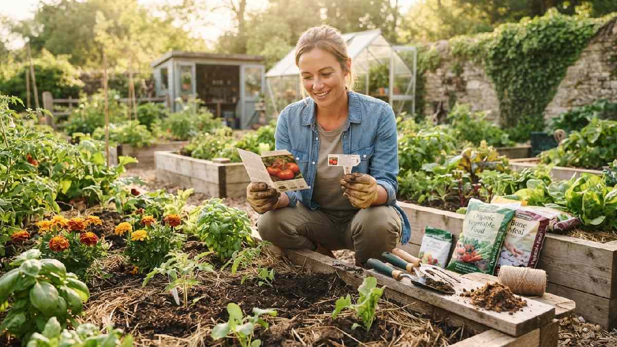 Gardener learning common terms from seed packets and plant labels.