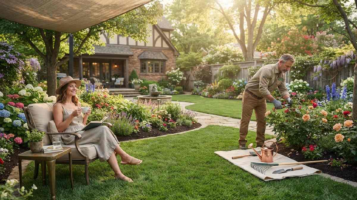 Homeowner enjoying a professionally maintained garden.