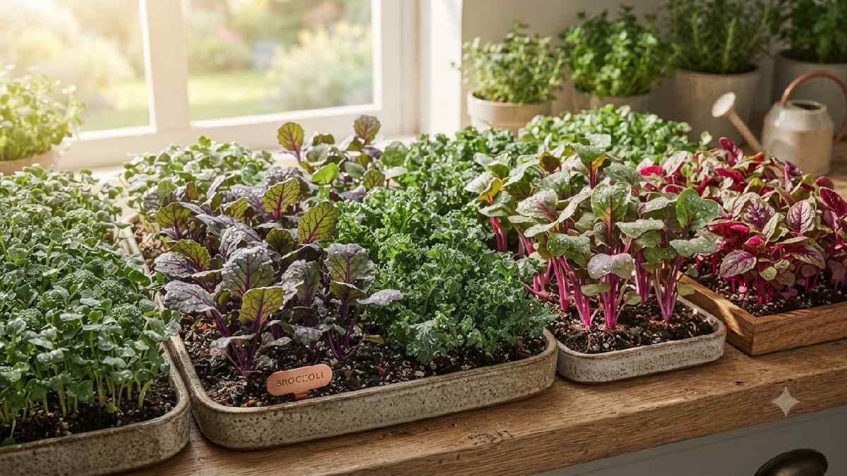 Fresh colorful microgreens growing in trays.