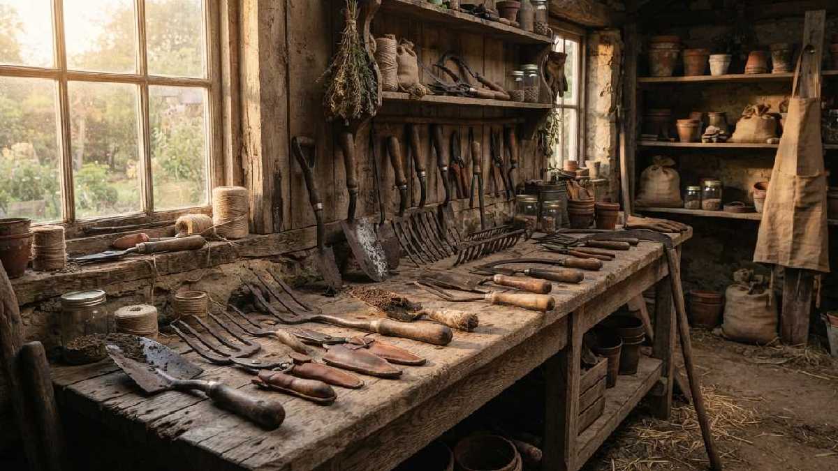 Well-used old gardening tools showing traditional craftsmanship.