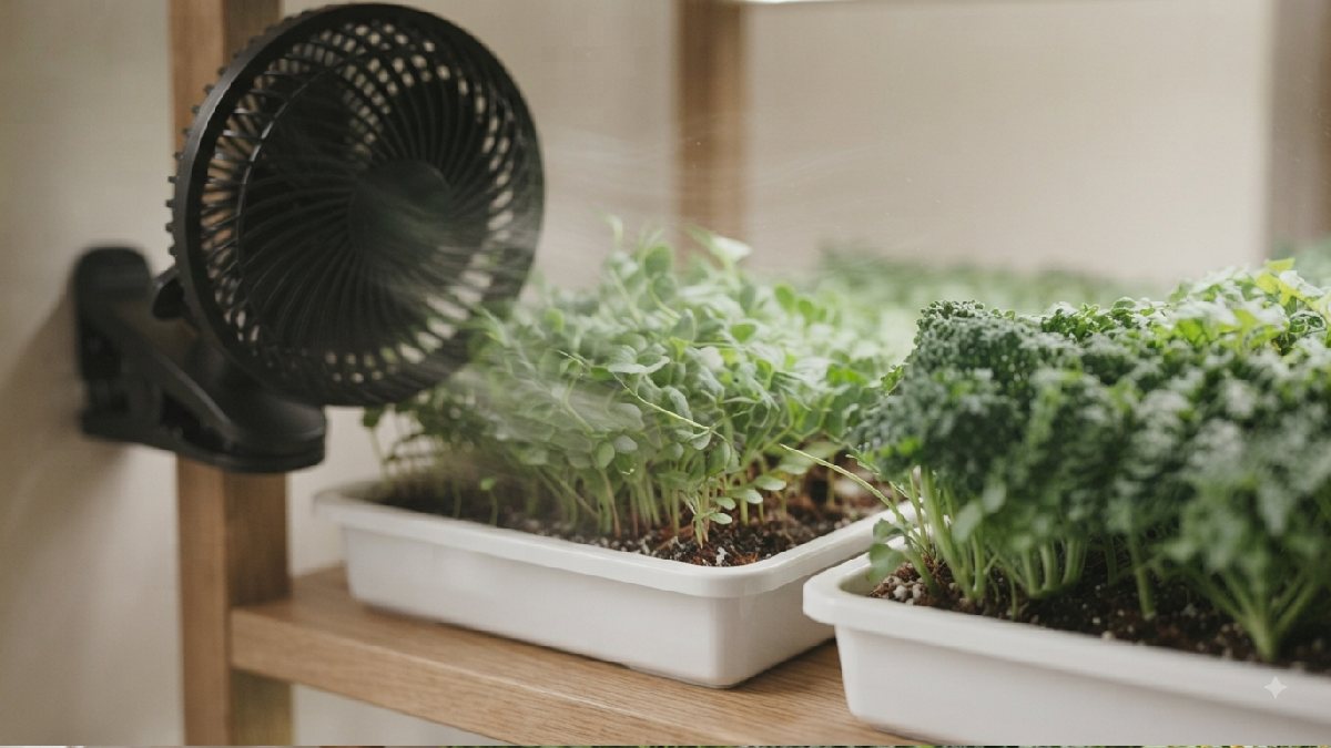Healthy microgreens strengthened by gentle airflow.