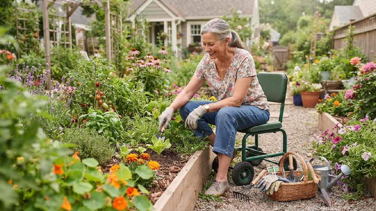 Gardener using a chair for comfortable garden work.