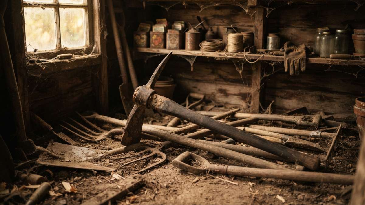 Rare clay mule preserved inside an old garden shed.
