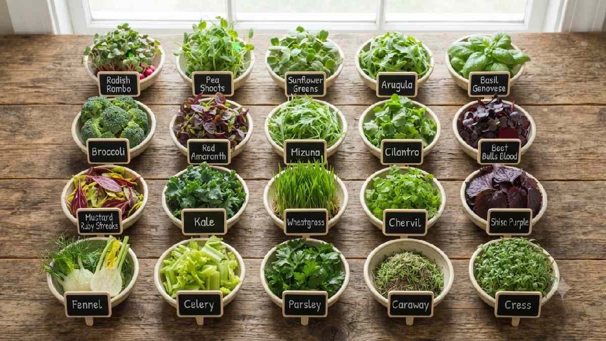 Flat lay of 20 microgreen varieties
