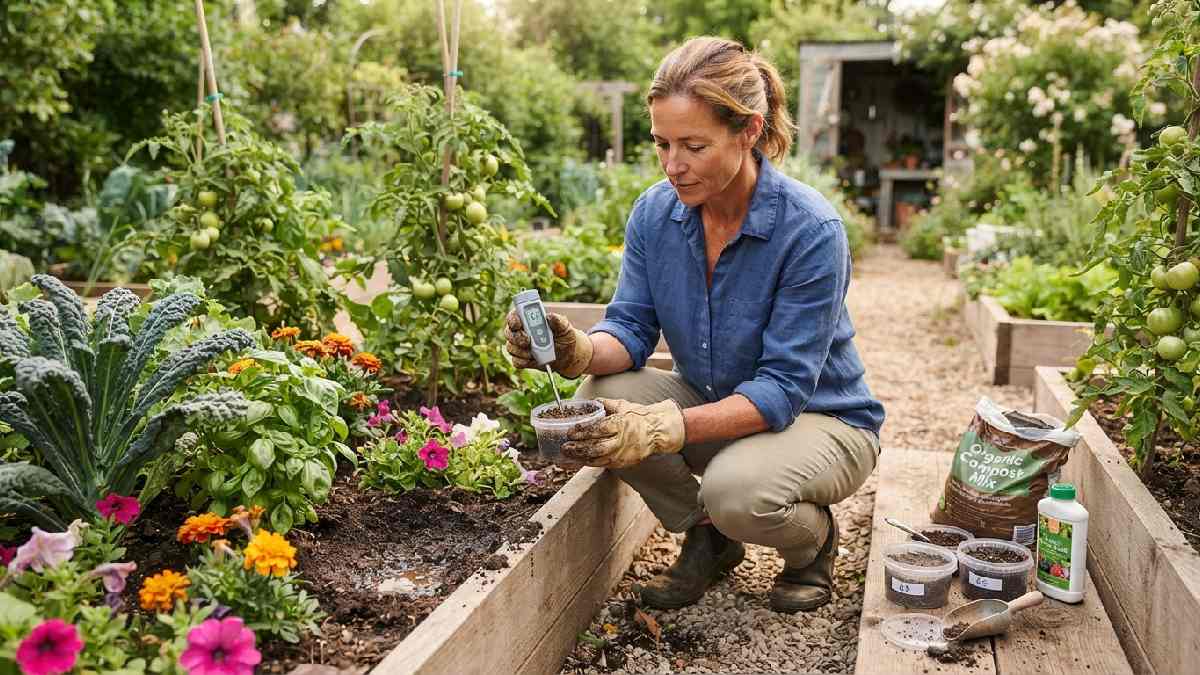 Gardener testing soil pH and nutrients.