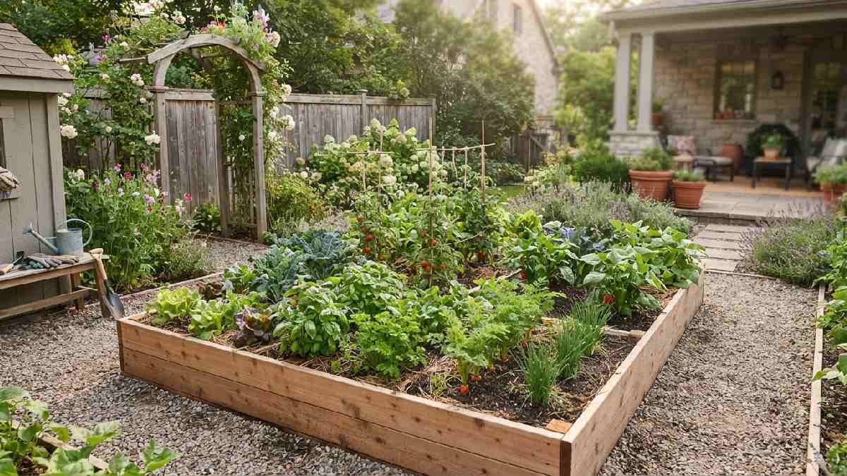 Raised garden bed filled with healthy vegetables and herbs