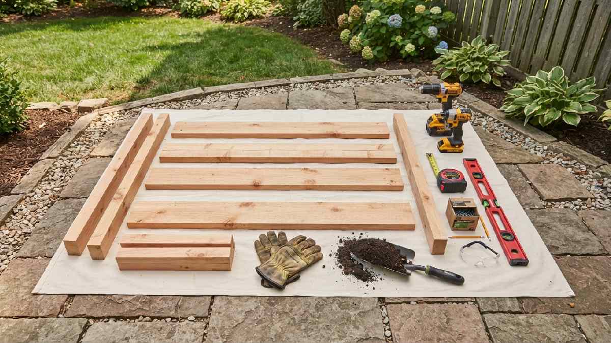 Wood and tools for building a raised garden bed